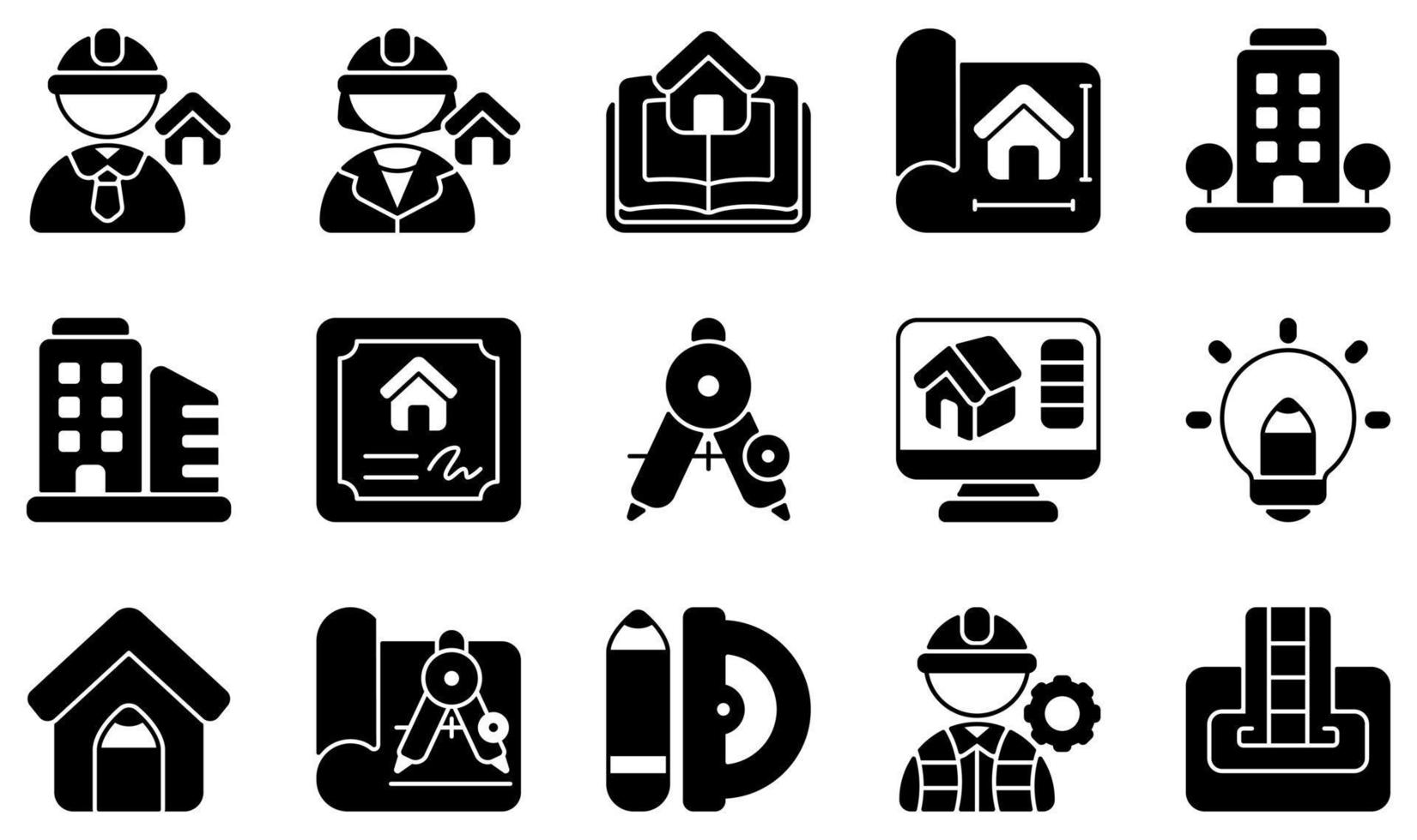 conjunto de iconos vectoriales relacionados con la arquitectura. contiene íconos como arquitecto, arquitectura, planos, construcción, certificado, diseño creativo y más. vector