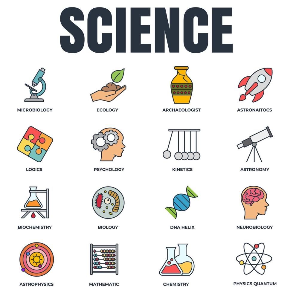 conjunto de ilustración de vector de logotipo de icono de ciencia. biología, química, neurobiología, física, microbiología, lógica, astronomía y más plantilla de símbolo de paquete para la colección de diseño gráfico y web