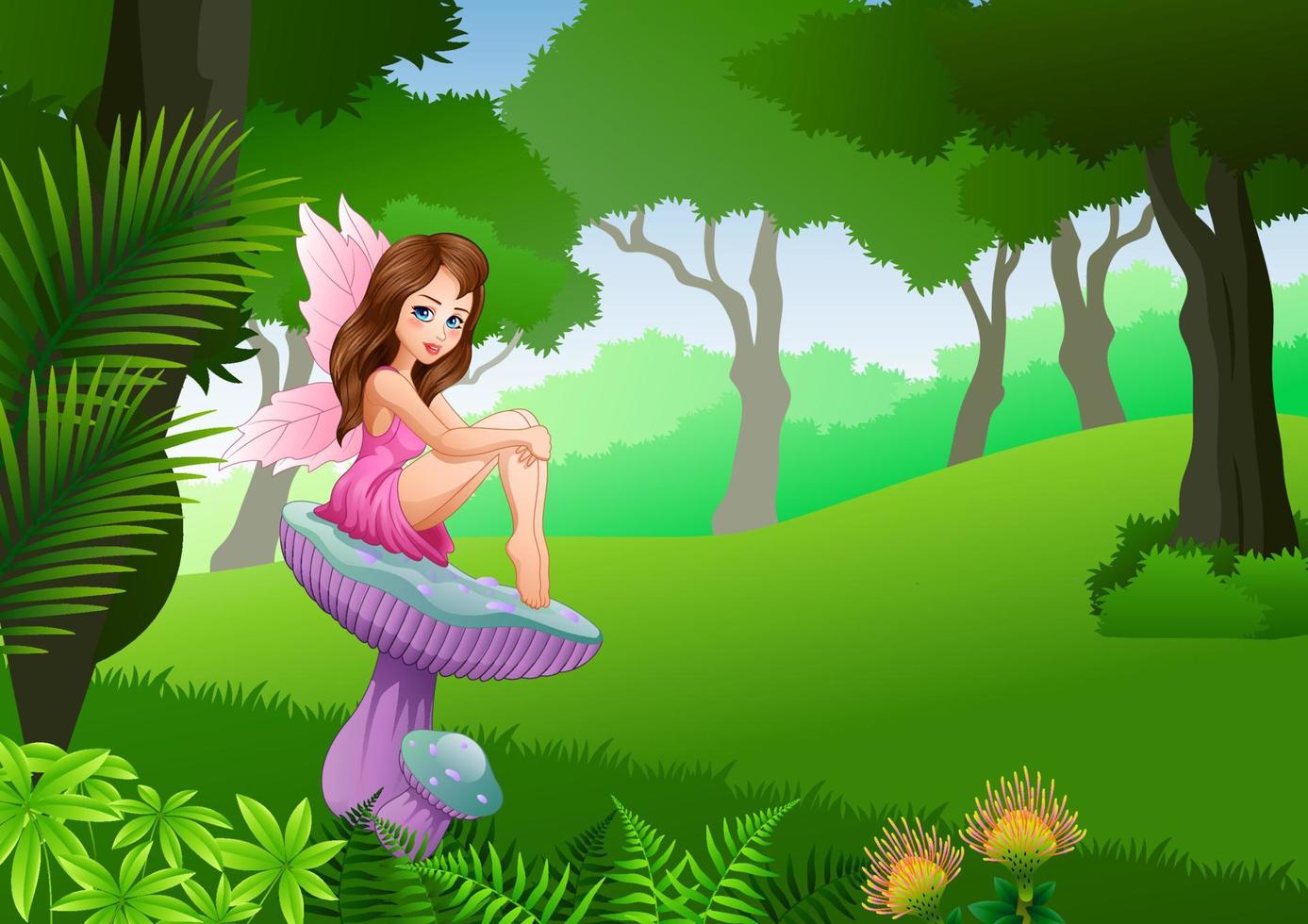 Little fairy sitting on mushroom with Tropical forest background vector