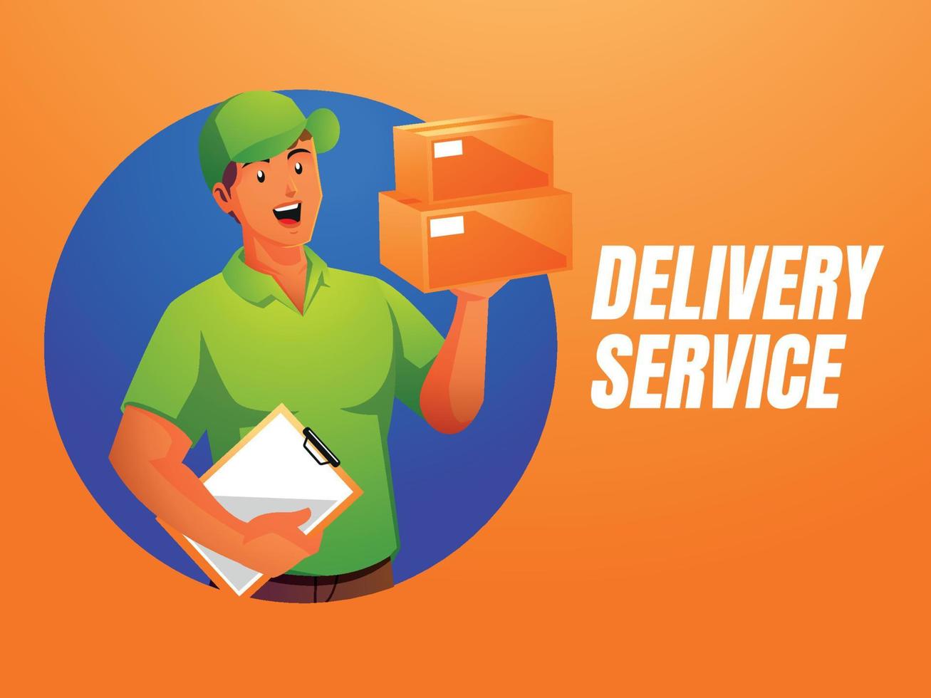 a male courier delivering packages holding clipboard and package vector