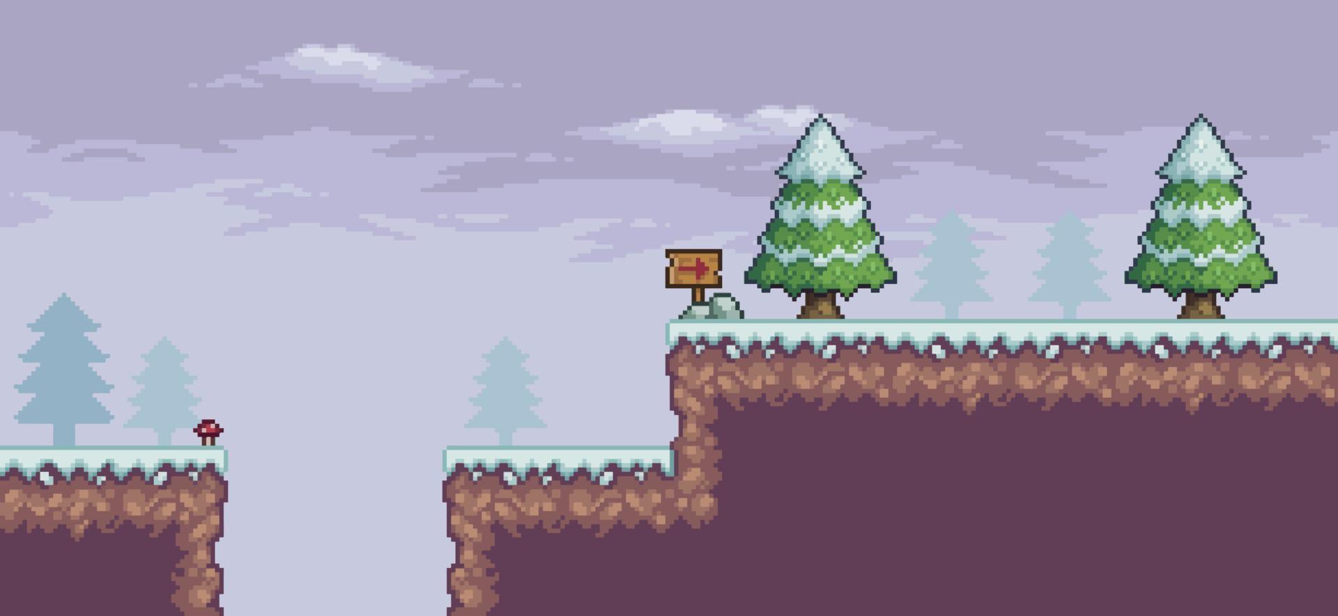 escena de juego de arte de píxeles en la nieve con pinos, nubes, tablero indicativo de fondo de 8 bits vector