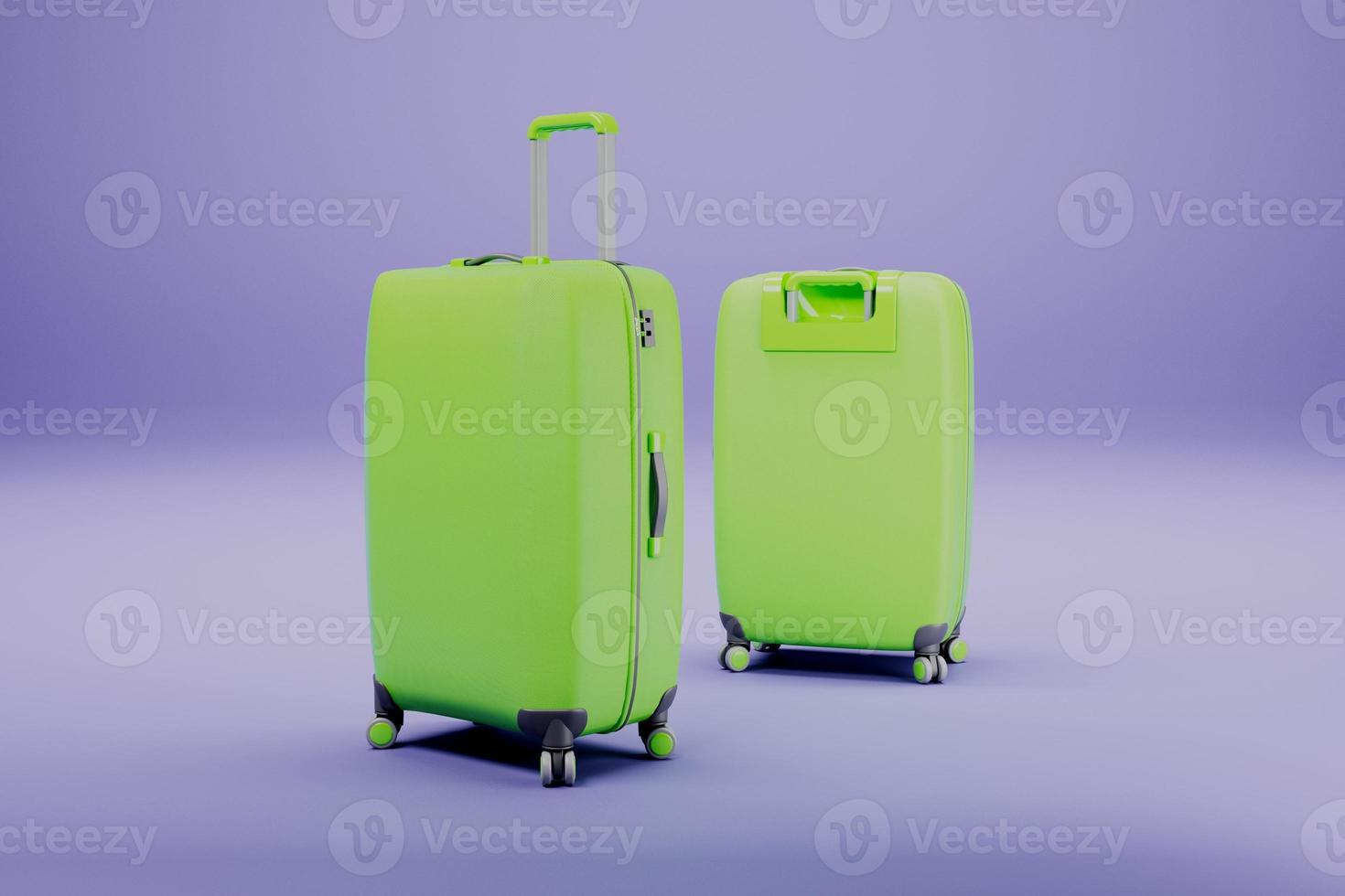 Green travel bags. Suitcase for tourism. Luggage mockup 3d render. photo