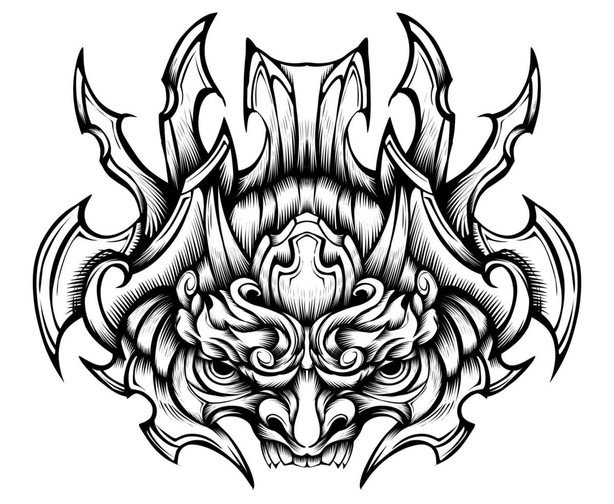 dibujado a mano ilustración de tatuaje tribal de máscara oni vector