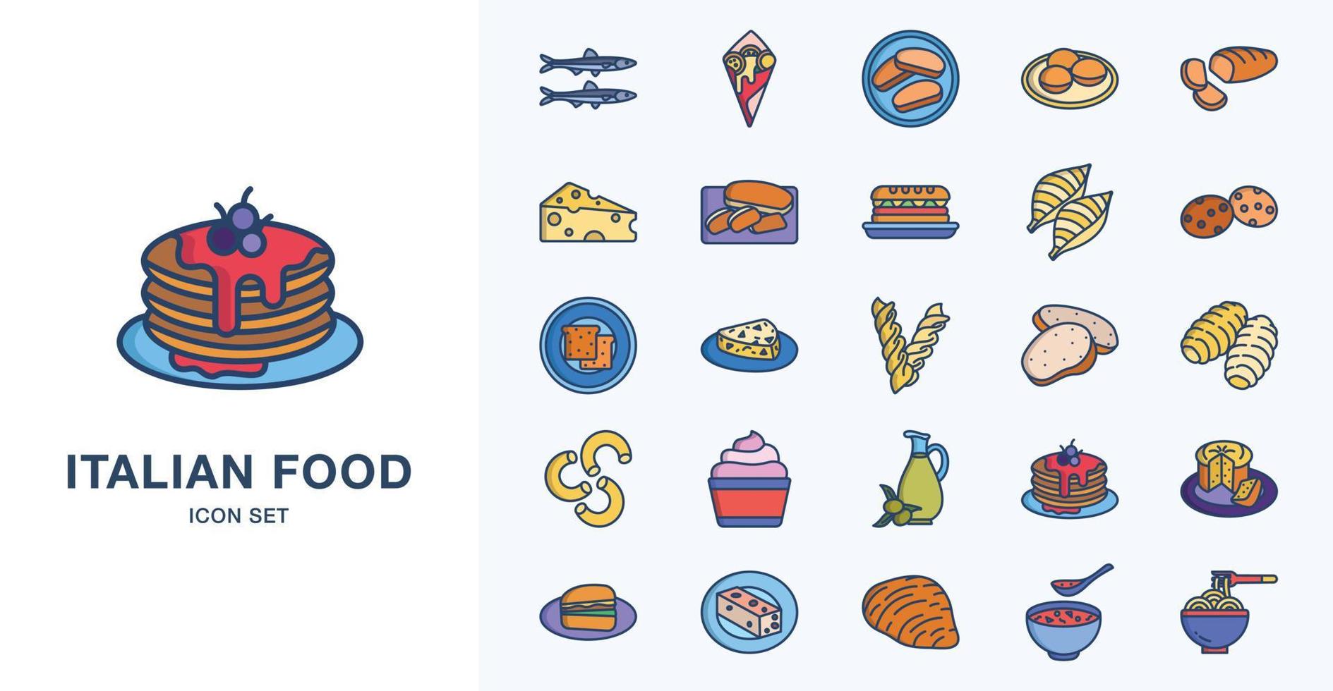 Italian food linear coloured icon set vector
