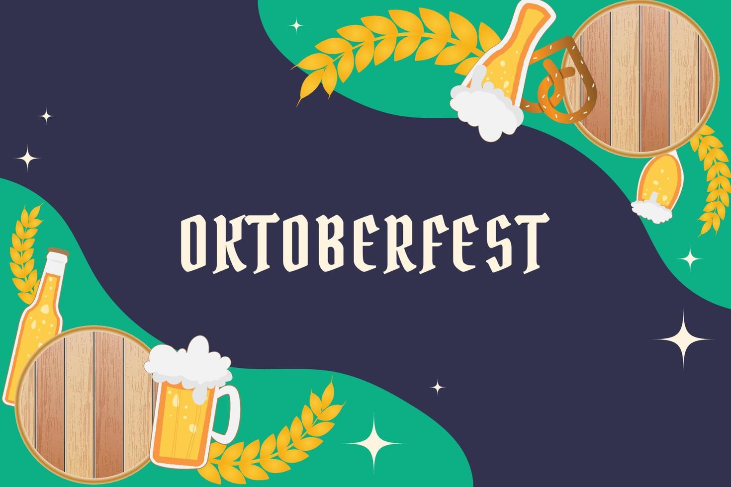 ilustración del cartel de la fiesta de oktoberfest con cerveza oscura fresca, pretzel y bandera de fiesta azul y blanca. plantilla de volante de celebración de vector para cerveza alemana tradicional