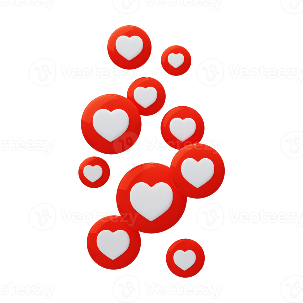 Corazones rojos voladores como el concepto en línea de las redes sociales como y el icono del corazón 3D Render png