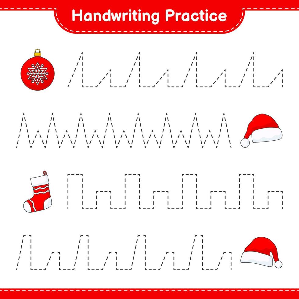 Handwriting practice. Tracing lines of Christmas Ball, Santa Hat, and Christmas Sock. Educational children game, printable worksheet, vector illustration