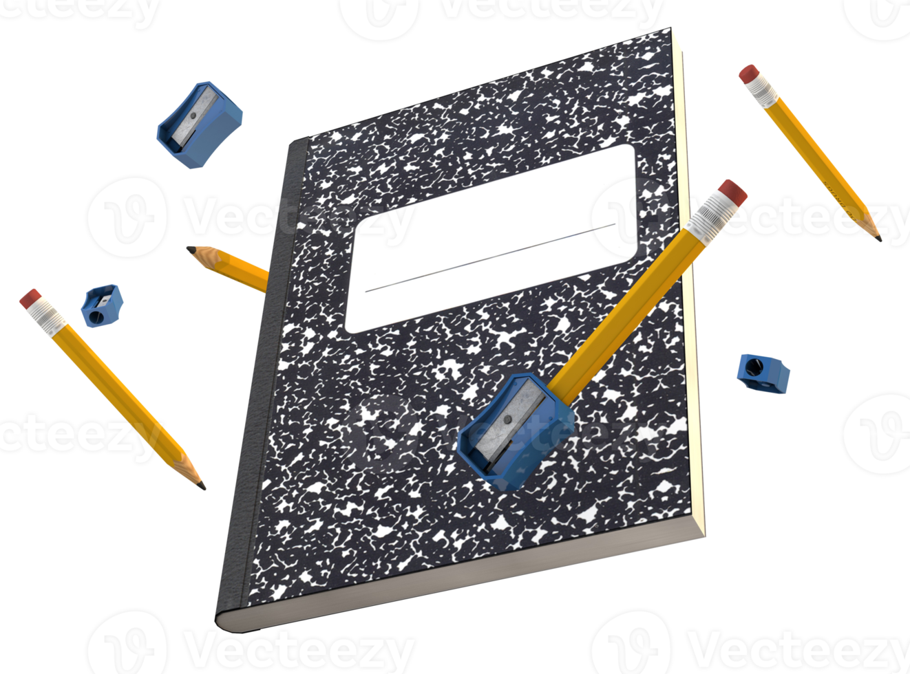 Classic notebook with goblet and pencil sharpener floating a back to school 3D concept png