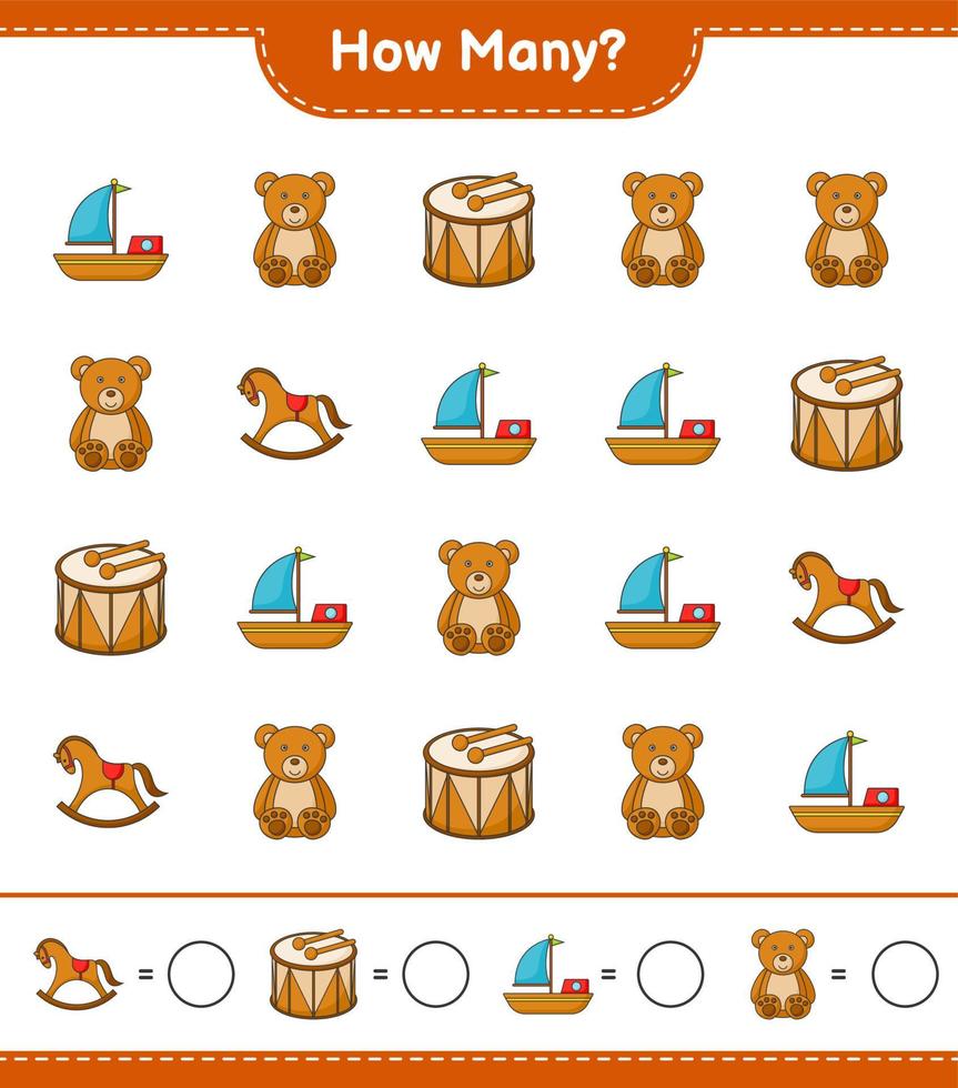 juego de conteo, cuántos bote, tambor, oso de peluche y caballito balancín. juego educativo para niños, hoja de cálculo imprimible, ilustración vectorial vector