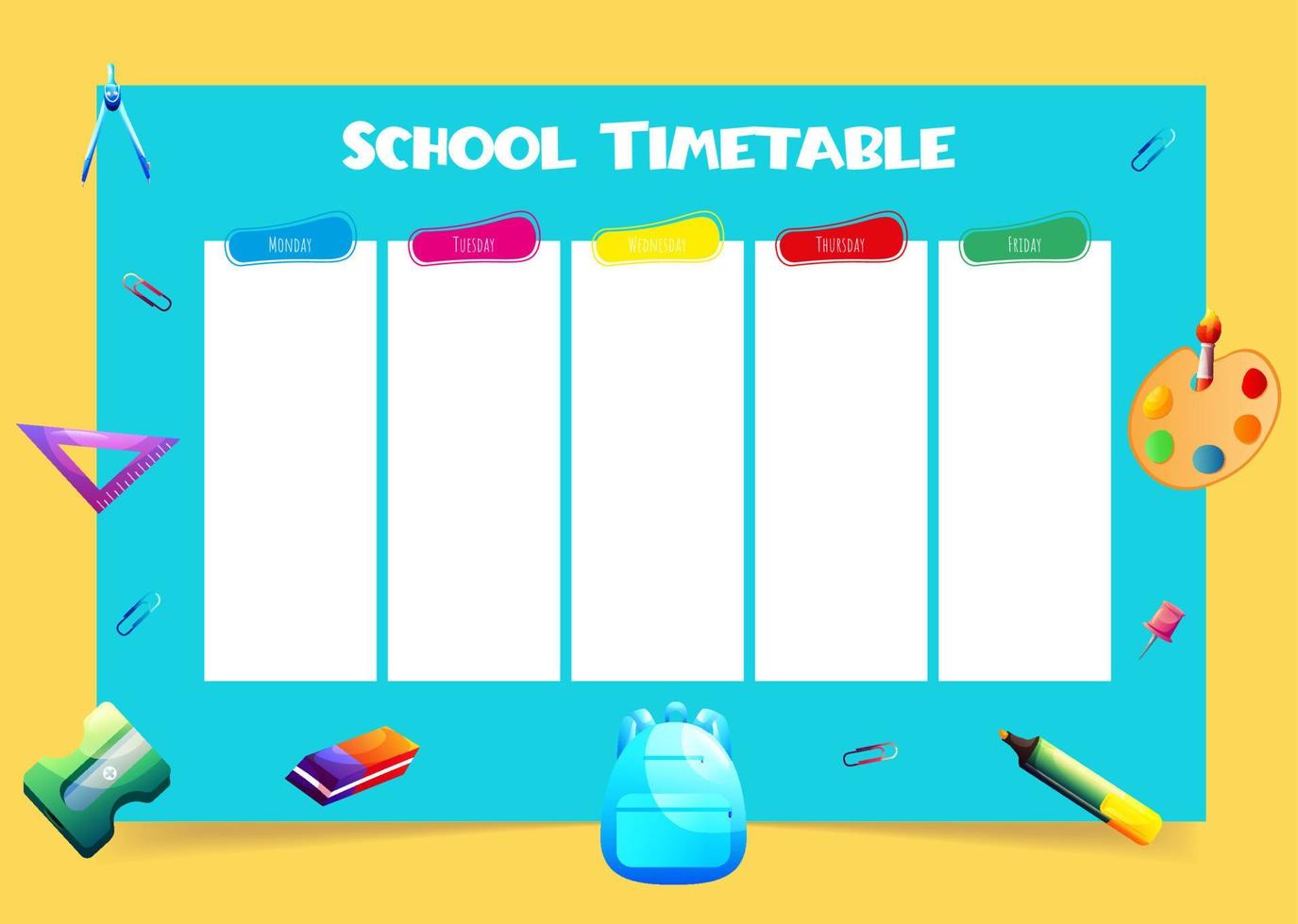 School schedule. Timetable for kids. Weekly time table with day of the week and handdrawn school stuff. Educational classes diary. A4 paper size. vector