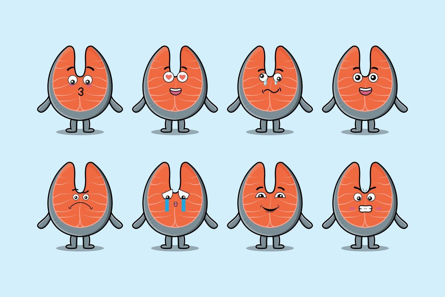 Set kawaii fresh salmon cartoon with expressions vector