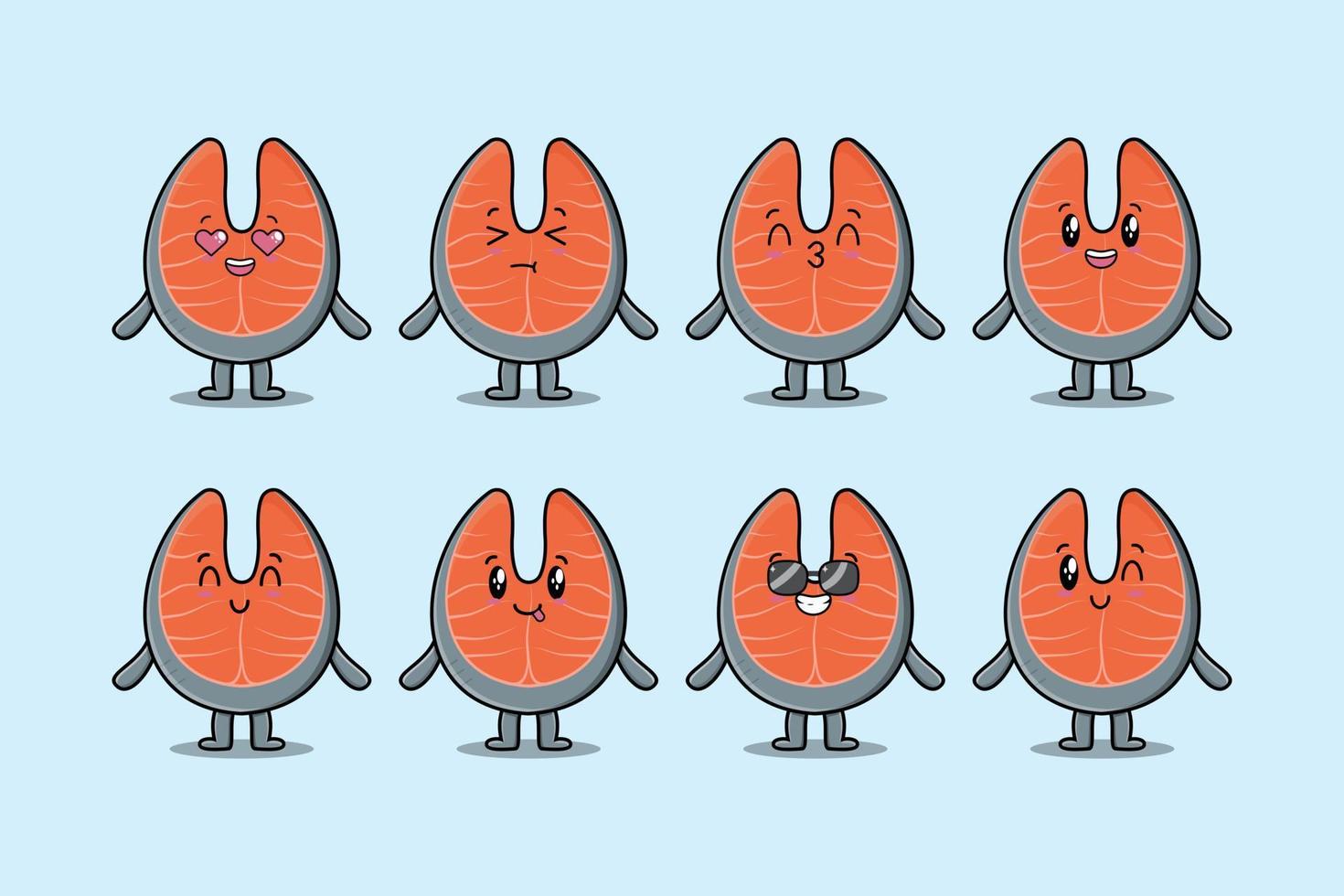 Set kawaii fresh salmon cartoon with expressions vector