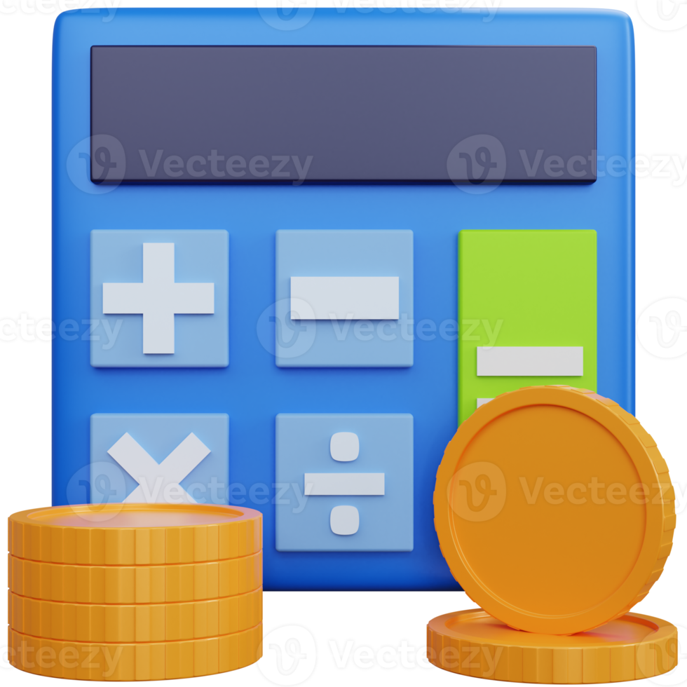 3d rendering blue calculator with coin isolated png