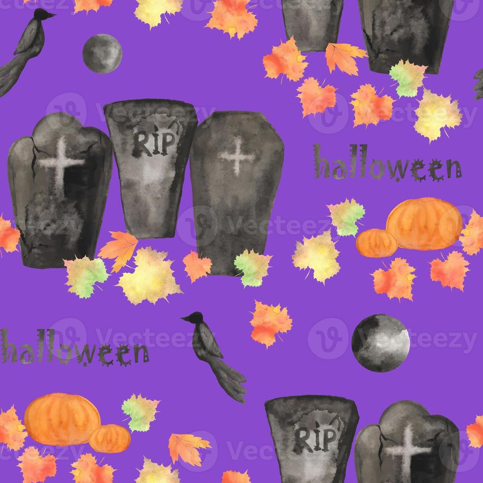 Halloween watercolor autumn seamless pattern pumpkins full moon tombstones and raven fallen leaves hand drawn illustration photo