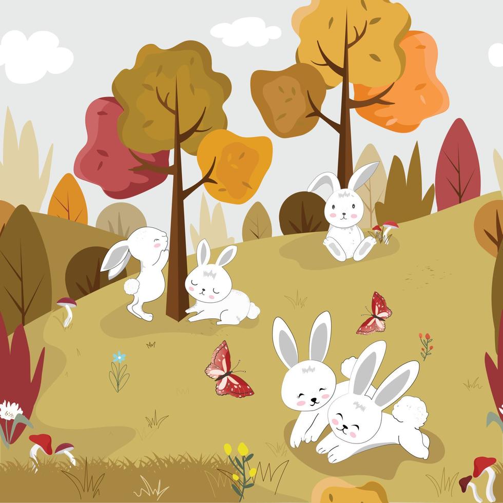 Cute white rabbit in the forest seamless pattern vector