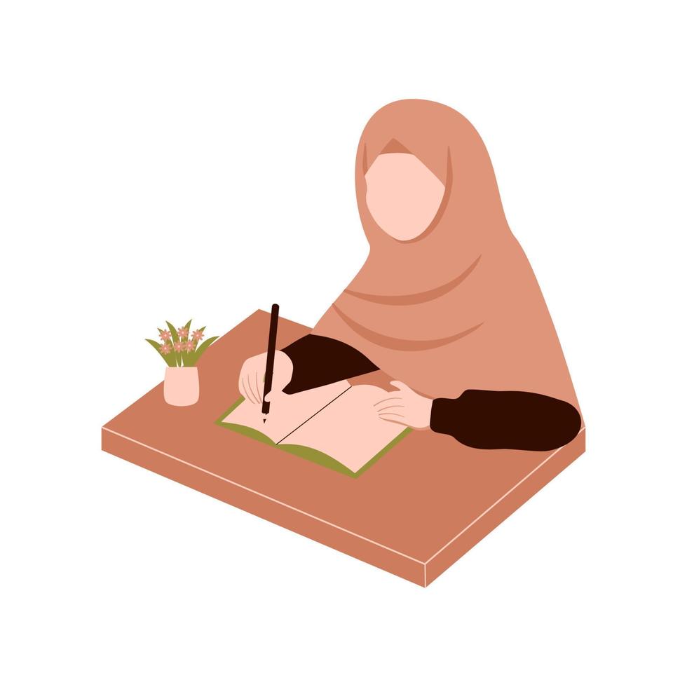 muslimah estudia y escribe ilustración vector