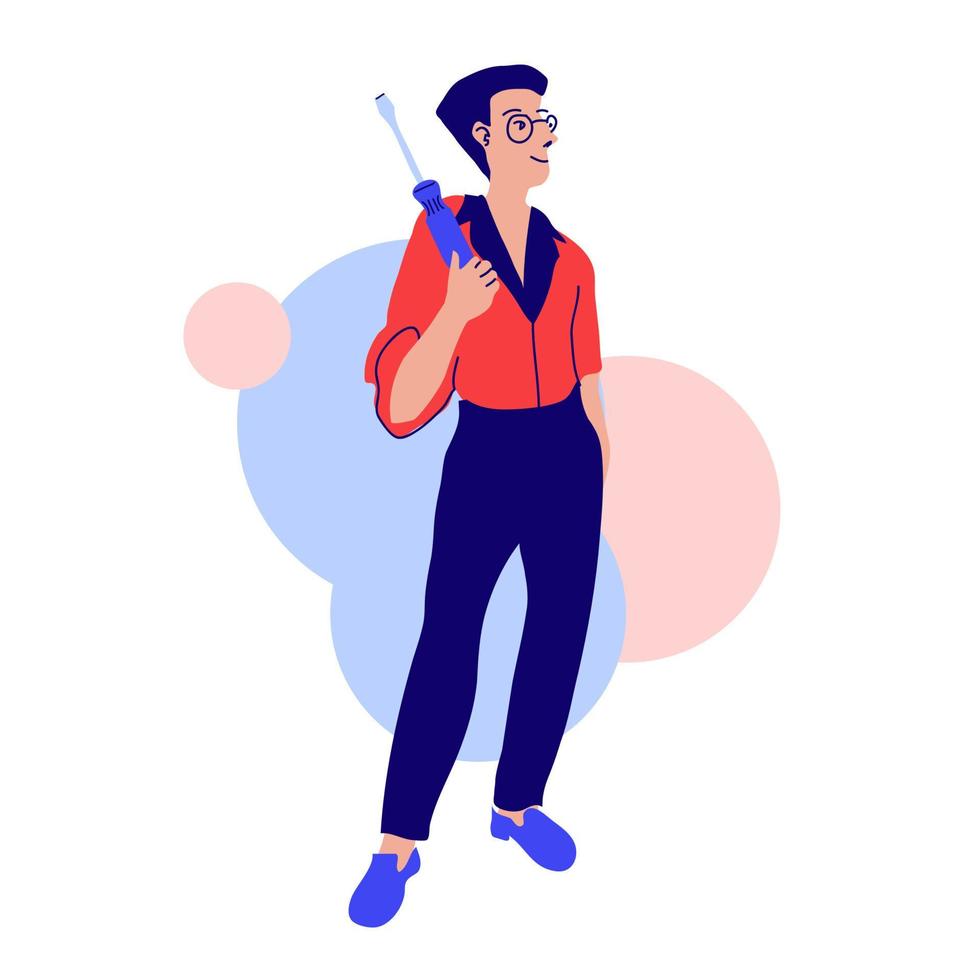 A repairman worker walks with a puncher in his hands. Doodle vector modern illustration