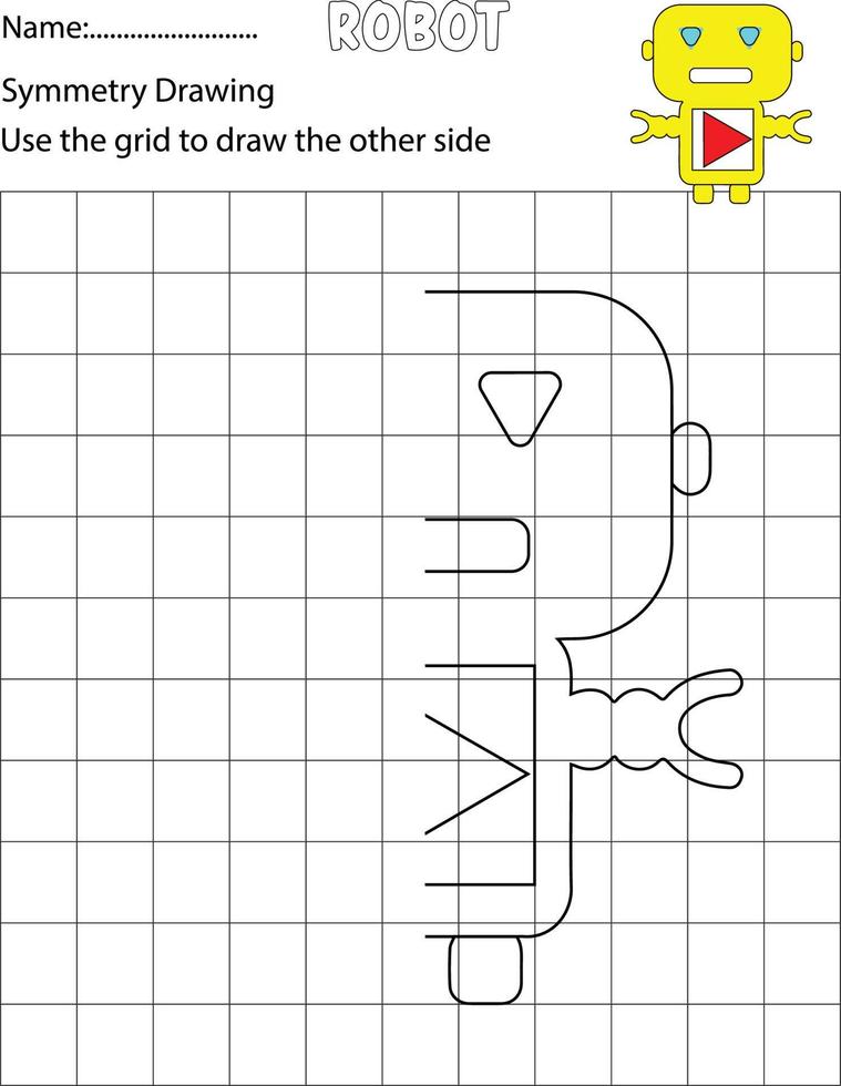 Grid copy game, complete the picture children. Printable Kids activity sheet with Robot vector