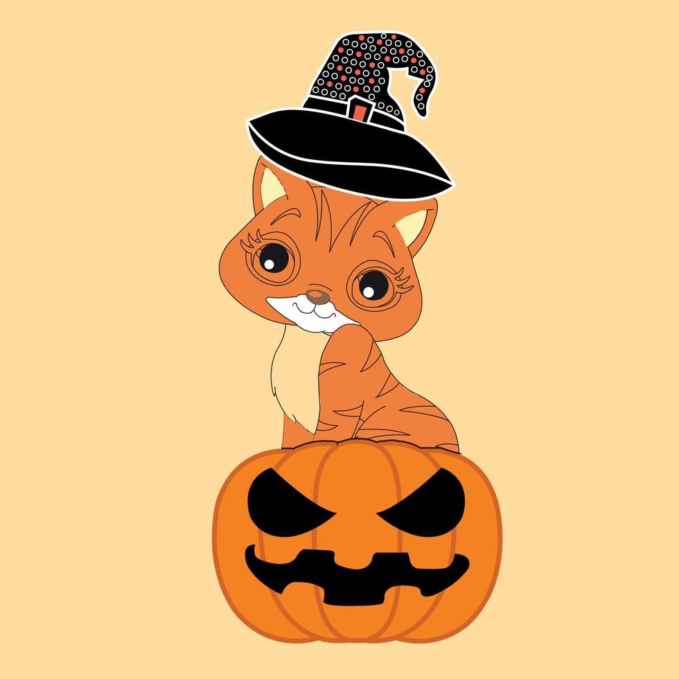 Halloween cat sitting on pumpkin with smile on face vector illustration