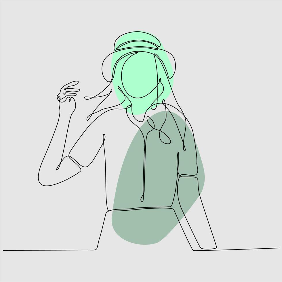 One continuous line drawing portrait of a young woman in a hat, cap, baseball cap. Single hand drawn line art doodle line isolated minimal illustration flat cartoon character vector