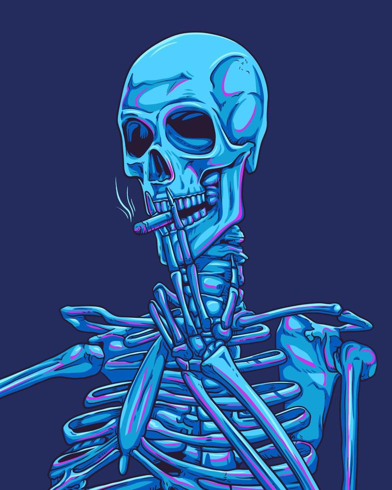 Skeleton smoking cigarette line art vector illustration