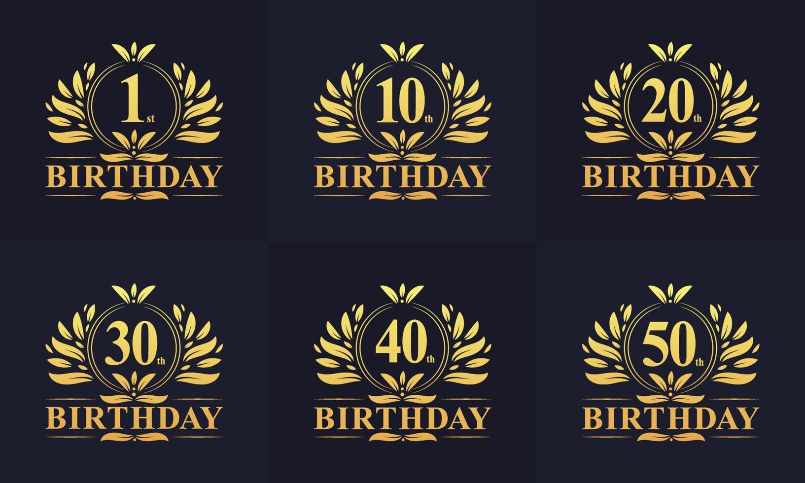 conjunto de logotipo de cumpleaños retro vintage. lujoso paquete de logo de cumpleaños dorado. Paquete de logotipos de 1.°, 10.°, 20.°, 30.°, 40.° y 50.° cumpleaños. vector