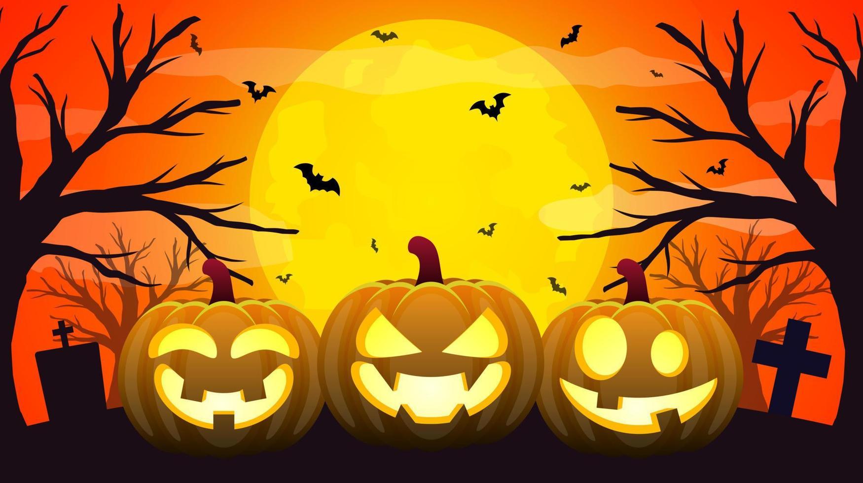 vector de fondo de noche espeluznante de halloween. ilustración de halloween con calabazas, murciélagos con luna llena. diseño de pancartas de fiesta