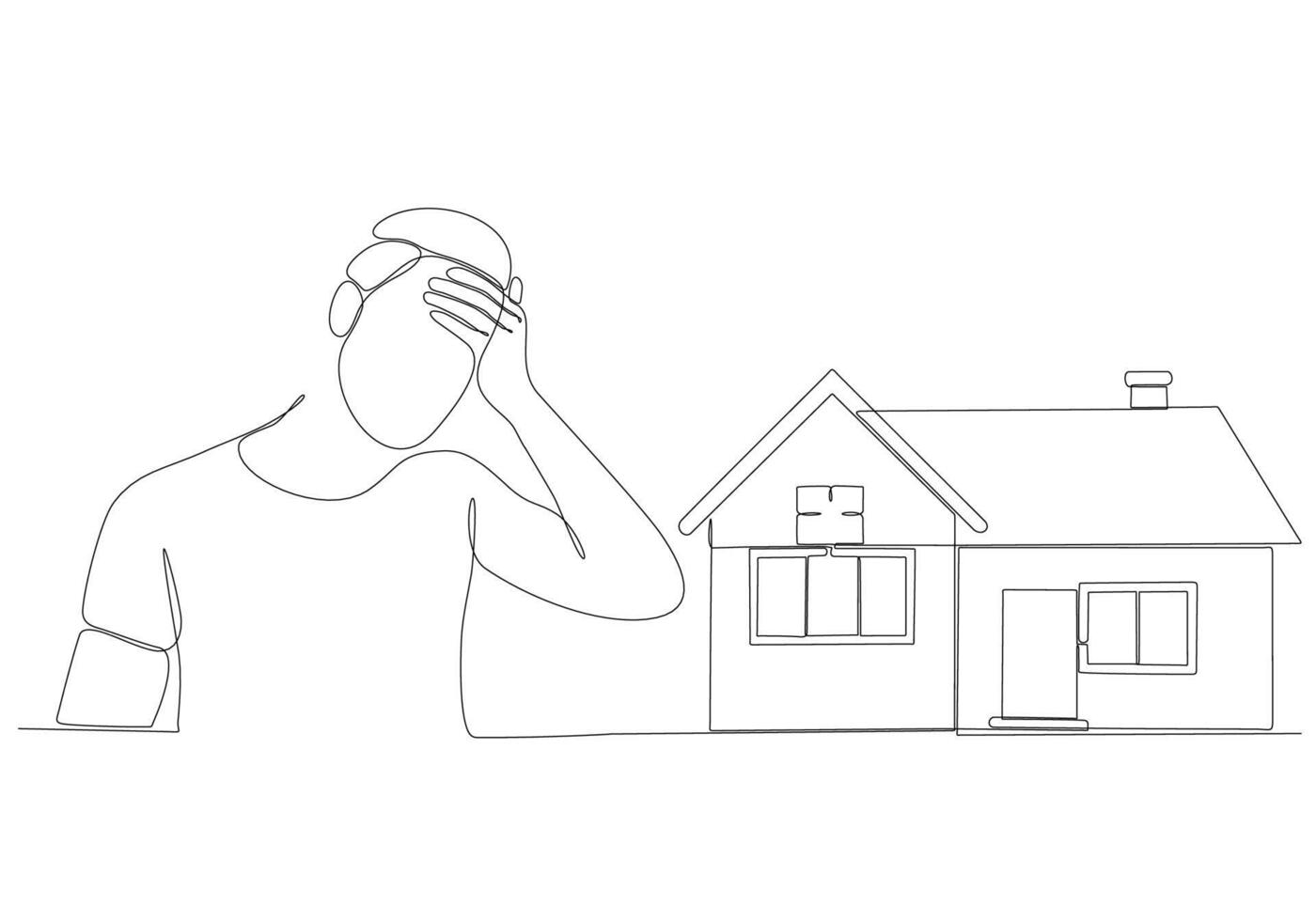 continuous line sad man wants to buy a house vector illustration