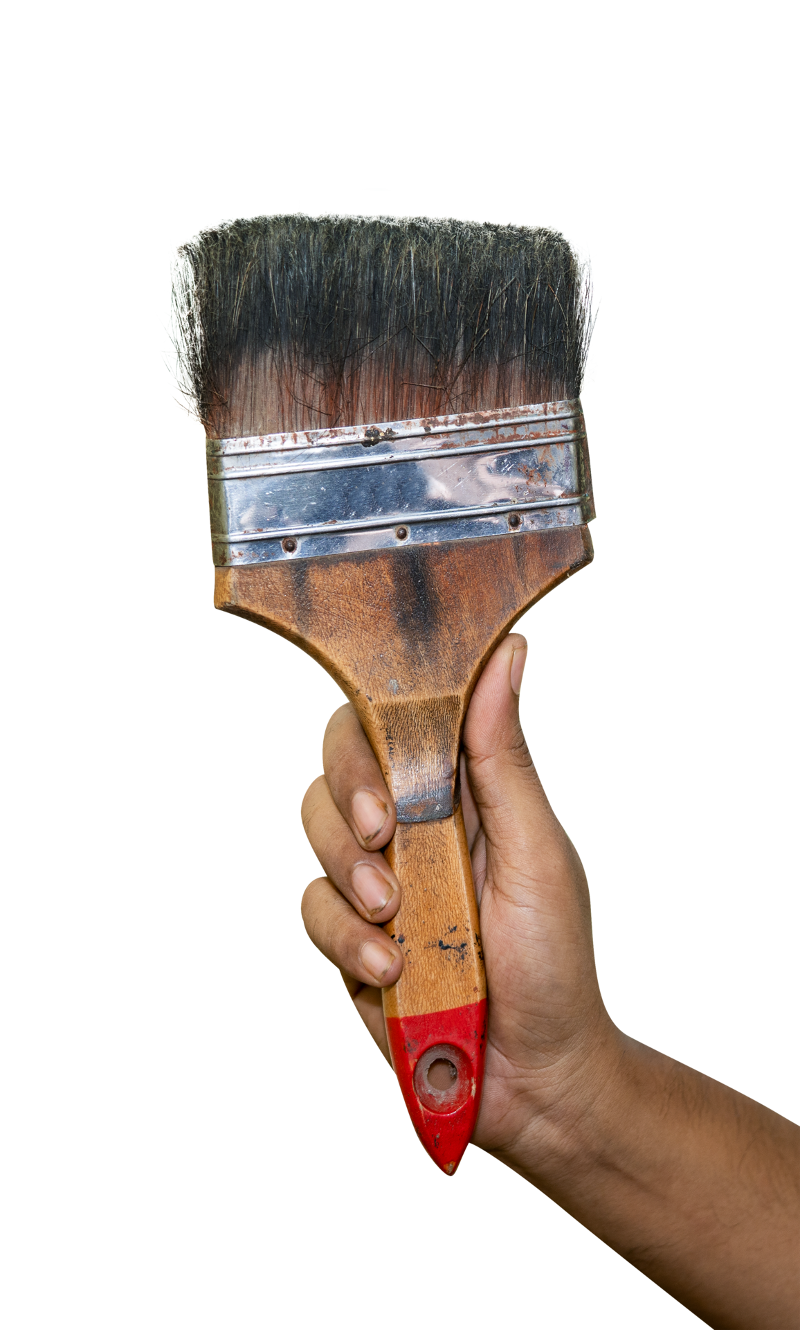 Old used flat paint brush with rust and paint marks isolated on PNG