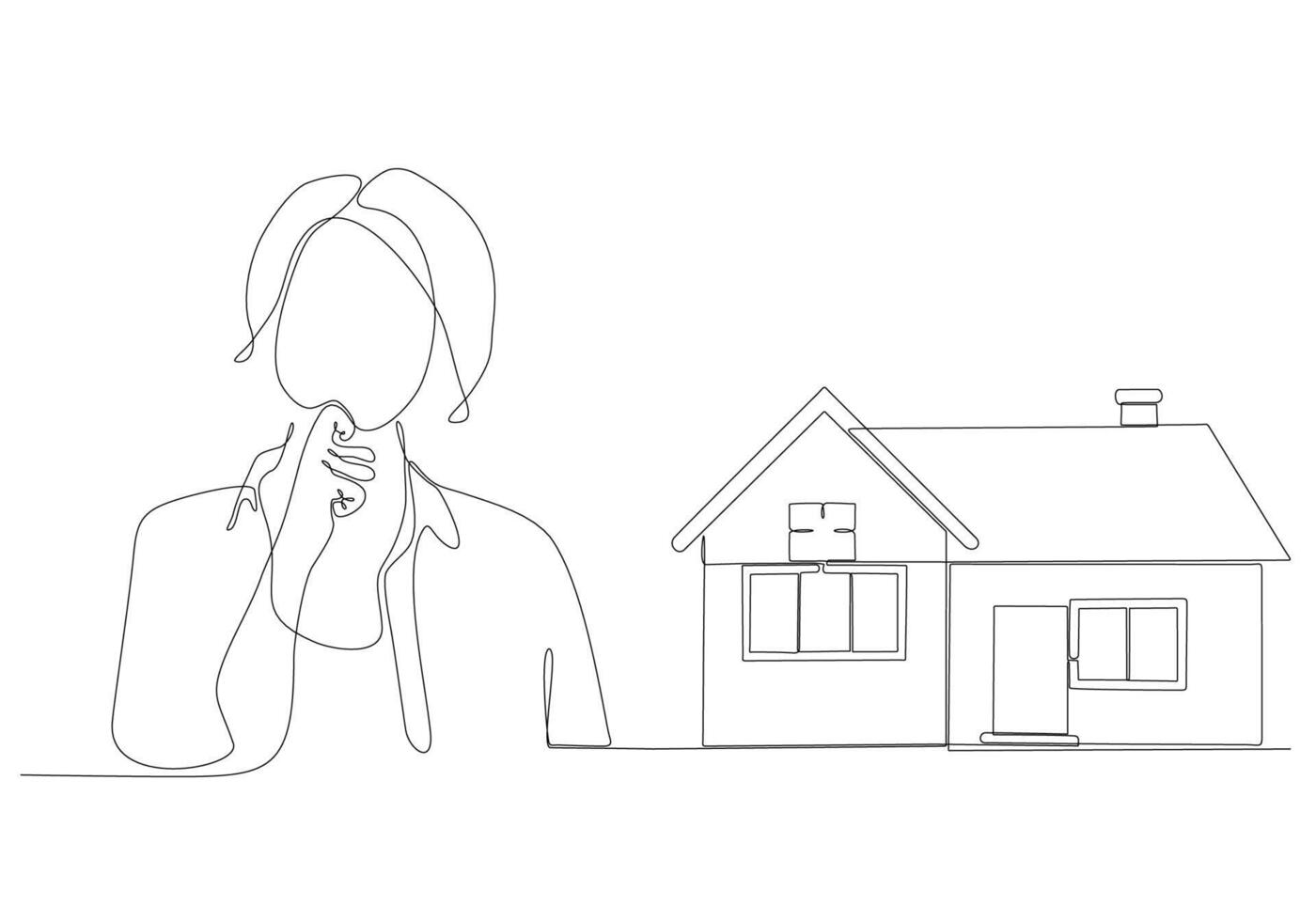 continuous line of woman thinking about buying a house vector illustration