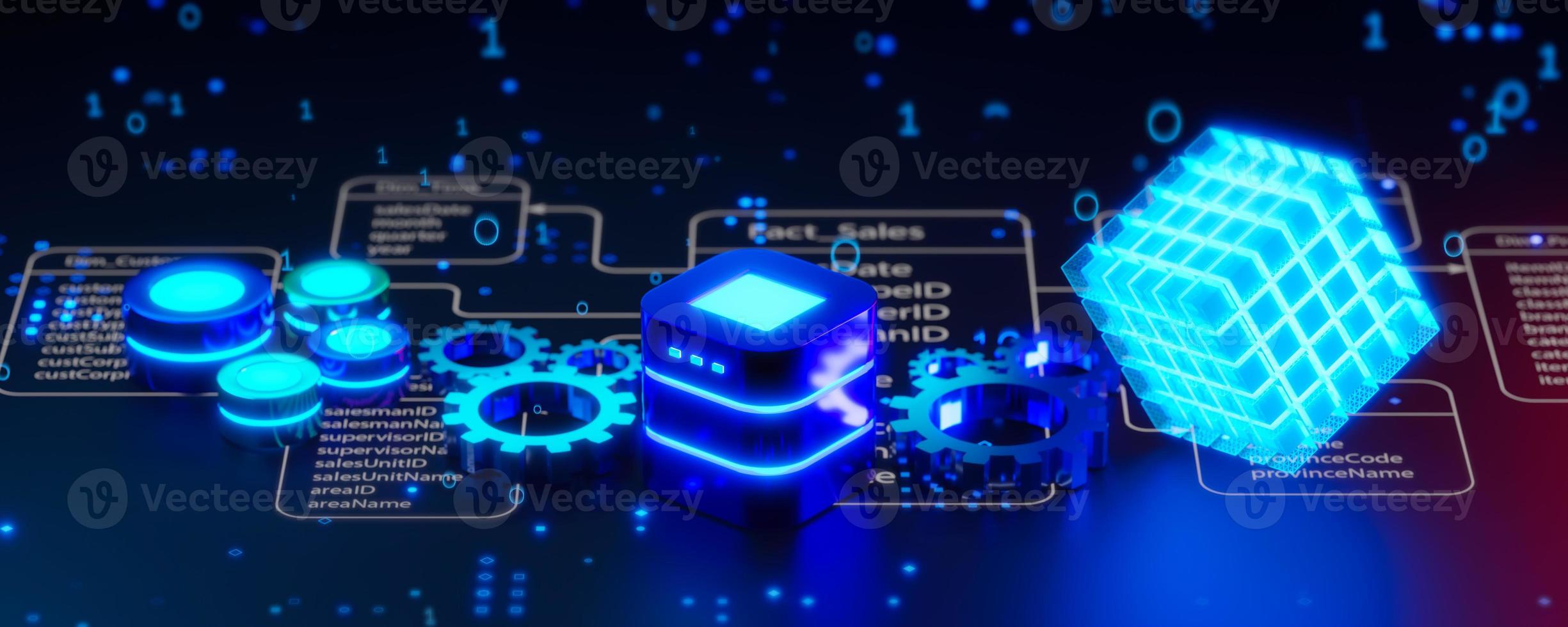 The OLAP process. Online Analytical Processing concept, Data analysis, OLAP Server, Business Intelligence BI, Key performance indicators KPI, Dashboard, SQL, MDX, 3D rendering. photo