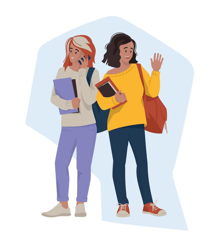 Students, schoolchildren, teenagers. Girlfriends with notebooks and briefcases. The girl is talking on the phone. Back to school. Vector image.