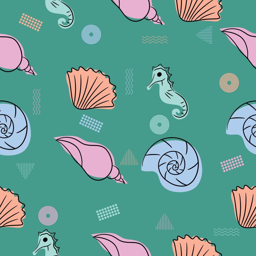 vector premium de patrones sin fisuras de conchas marinas abstractas coloridas y caballitos de mar