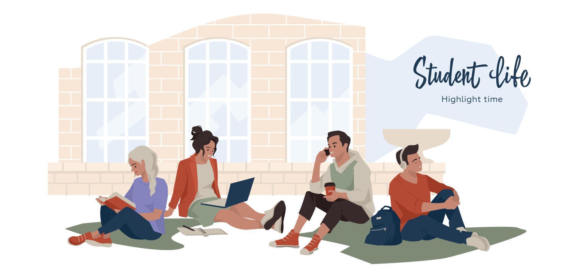 Student life. Schoolchildren and students rest in the courtyard of the campus. The girl is reading. Student with a laptop. The guy listens to music, talking on the phone. Vector image.