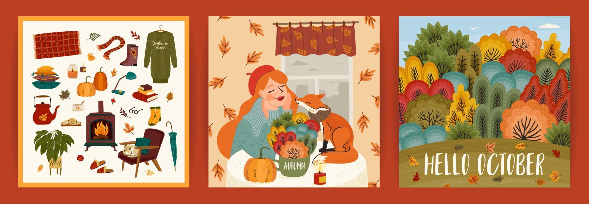 Set of autumn illustrations with cute girl. Vector design for card, poster, flyer, web and other use.
