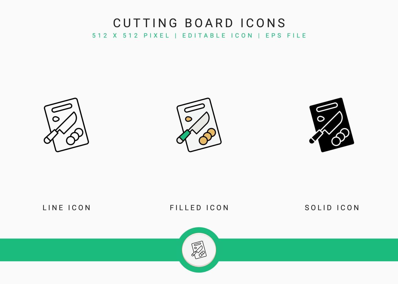 Cutting board icons set vector illustration with solid icon line style. Kitchen utensils concept. Editable stroke icon on isolated background for web design, user interface, and mobile application