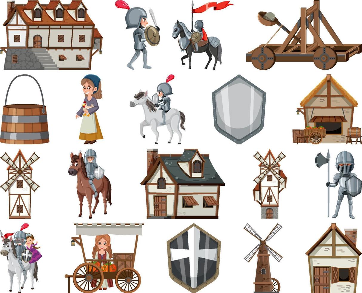 Medieval cartoon characters and objects vector