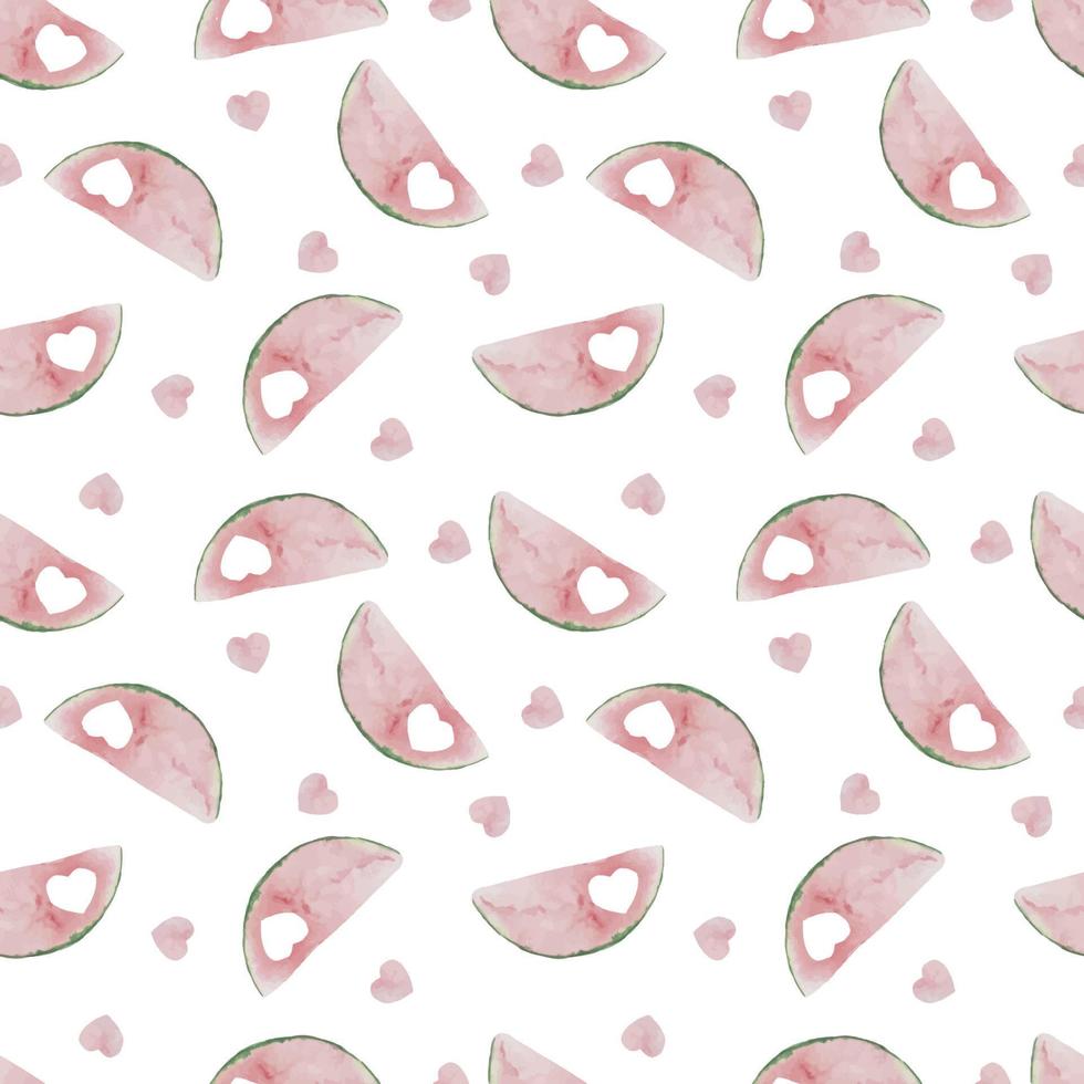 Watercolor seamless pattern with watermelon half circle pink slices on white with hearts. Summer template background with fruit for postcards and cards vector