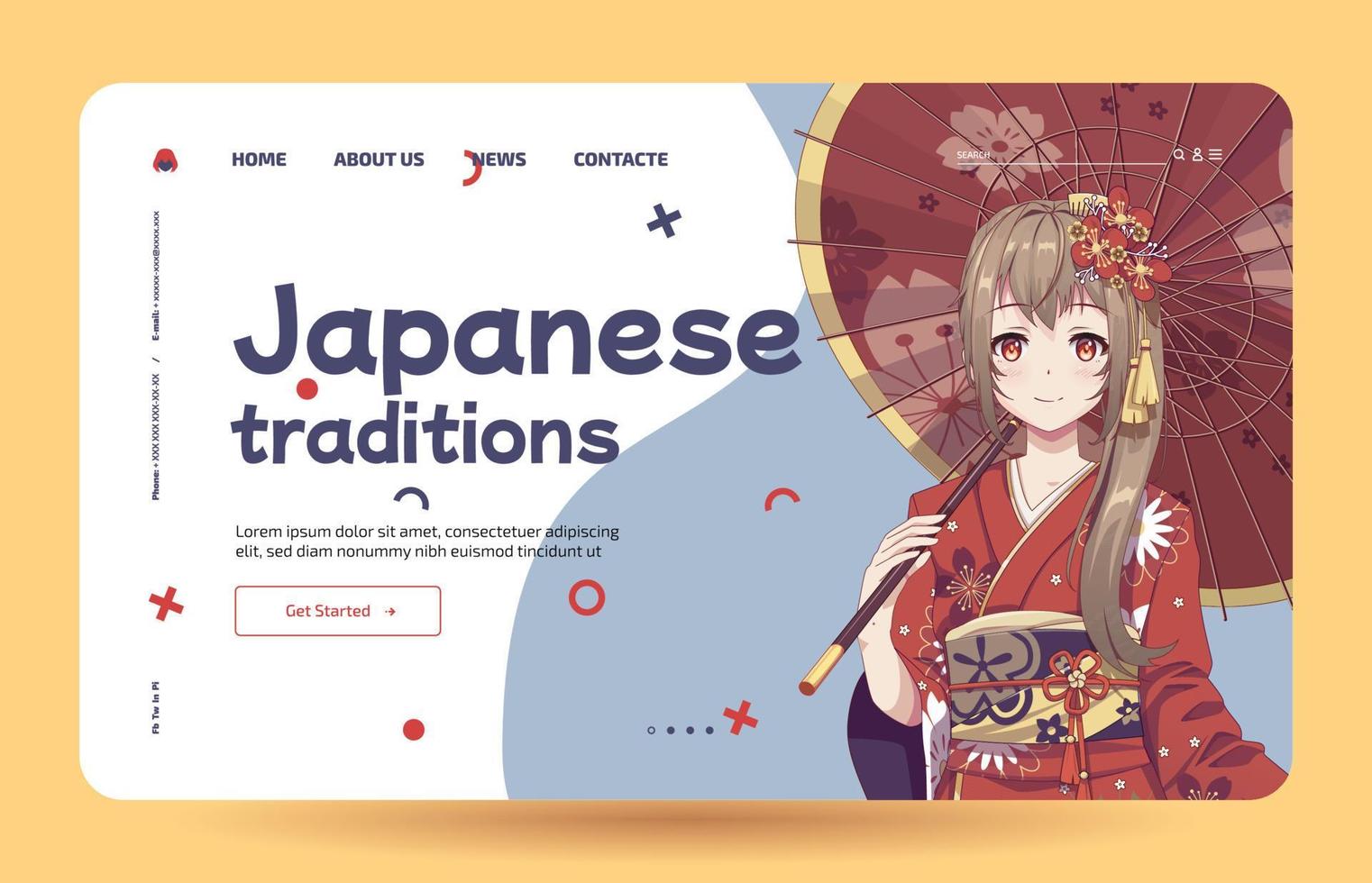 Anime manga girls in traditional Japanese kimono costume holding umbrella. Learn Japanese - Landing page template vector