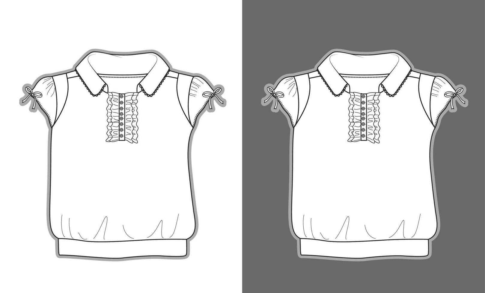 Kids polo shirt with ribbons on sleeves and ruffle details at front garment sketch fashion template vector