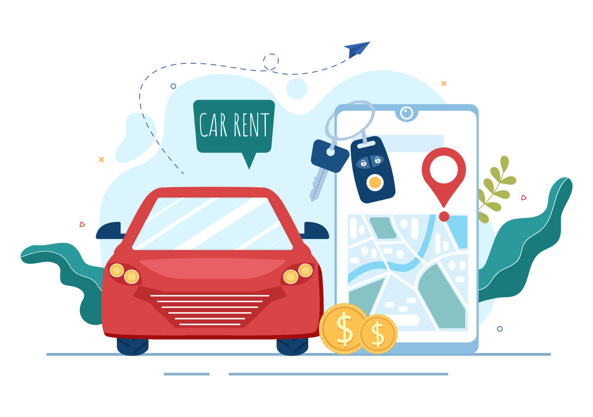 Car Rental, Booking Reservation and Sharing using Service Mobile  Application with Route or Points Location in Hand Drawn Cartoon Flat  Illustration 12001342 Vector Art at Vecteezy