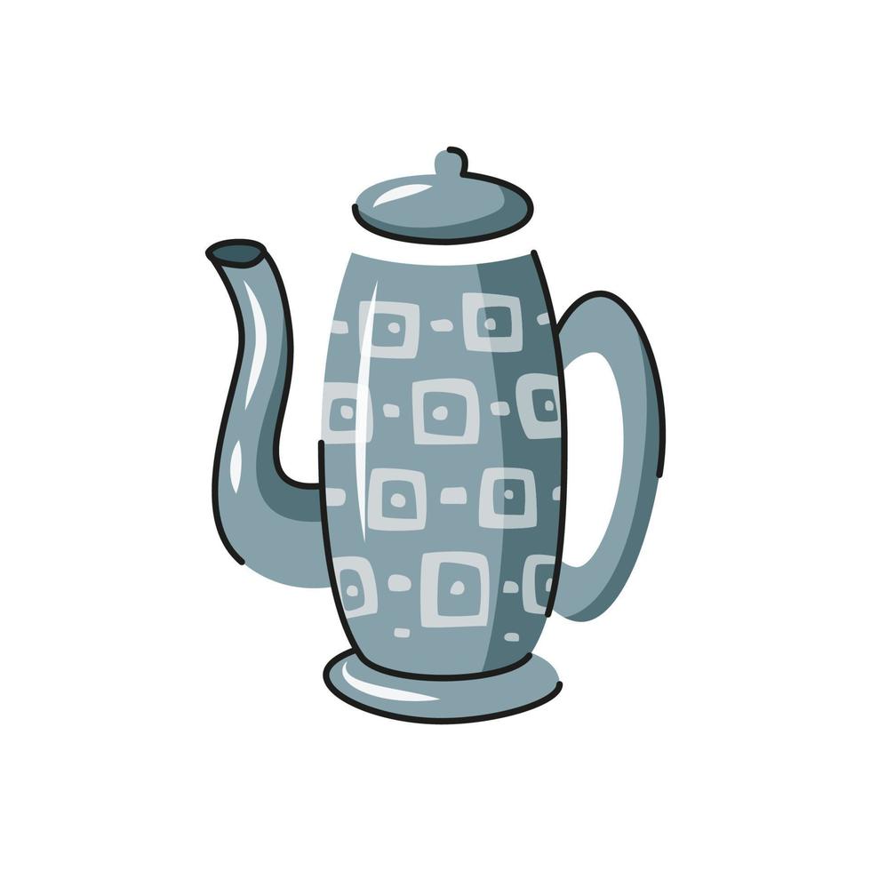 Ceramic vector teapot. Hand drawn kettle with decorative elements.  Cartoon dishware, kitchen utensil, tool for teatime.