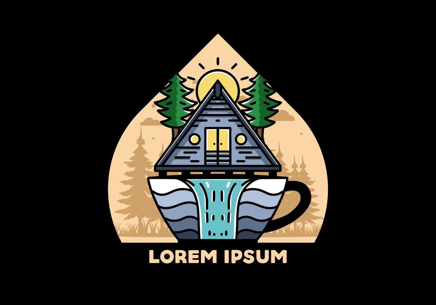 Wood cabin and pine trees on the coffee cup shape with waterfall illustration vector