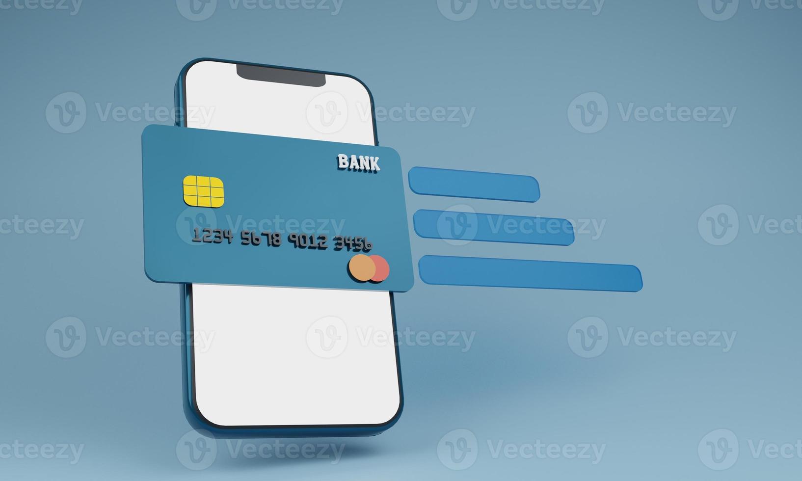 Smartphone blank display with credit card and speech bubble.Shopping mobile app,Cashback and banking,money-saving.Mock up empty screen copy space,Isolate background.3D rendering illustration. photo