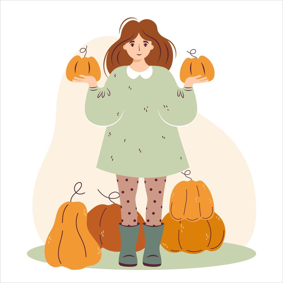 Autumn cute lady with pumpkin. Woman holding pumpkins. Cozy fall vector illustration for Happy Thanksgiving or Halloween. Harvest farm character girl with agriculture vegetables. Isolated