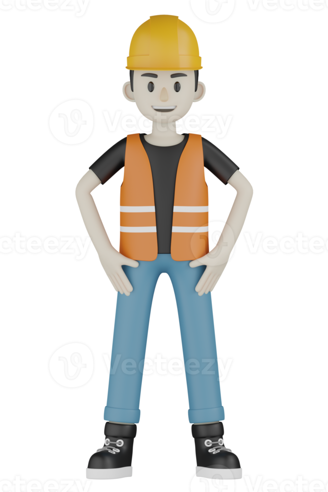 Travailleurs de terrain isolés 3d avec gilets orange et casques jaunes png