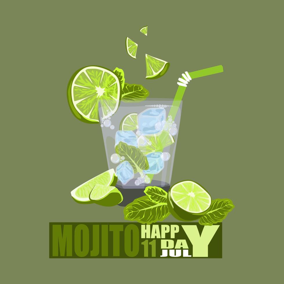 National Mojito Day July11 Poster. Glass of mojito with lime, mint, ice