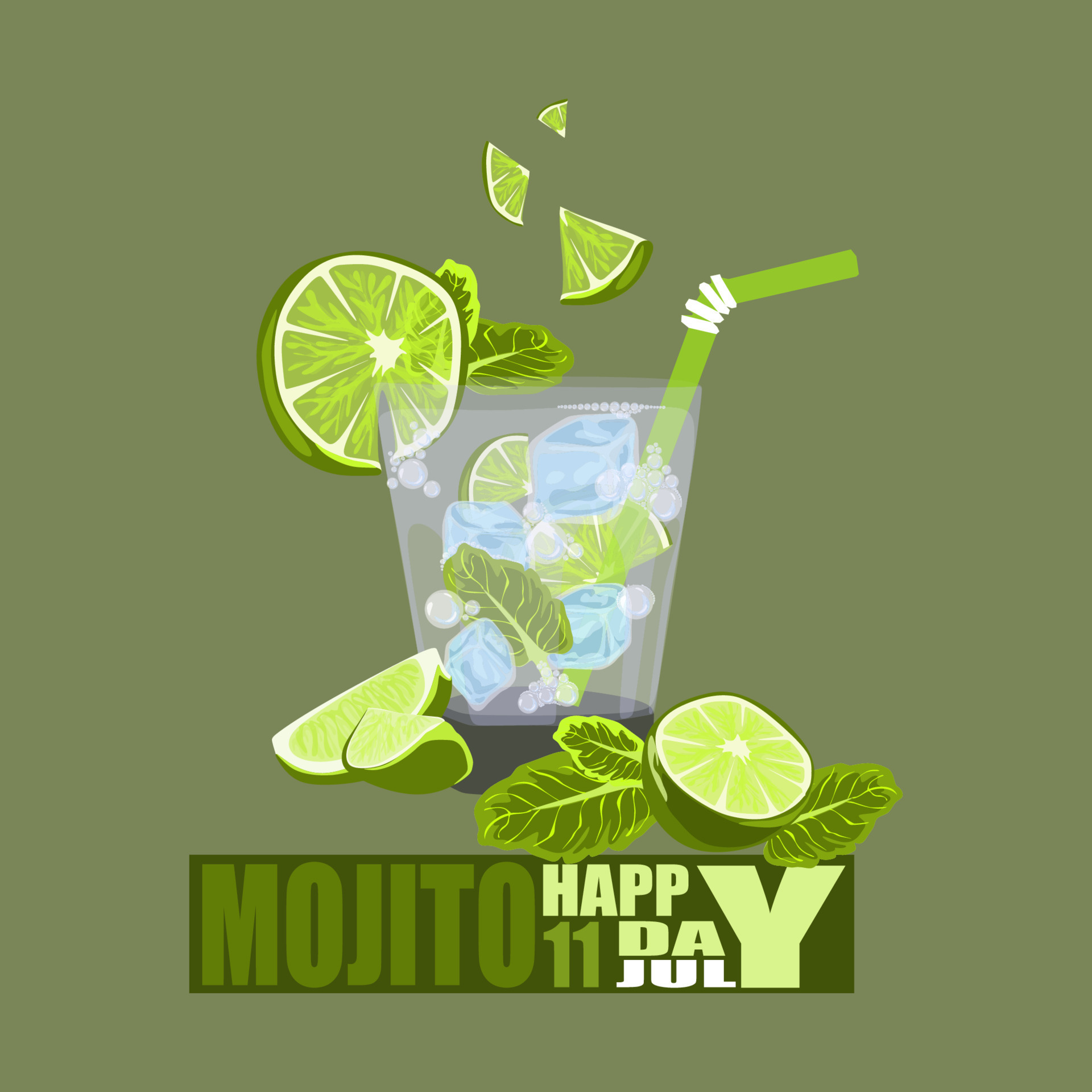 National Mojito Day July11 Poster. Glass of mojito with lime, mint, ice