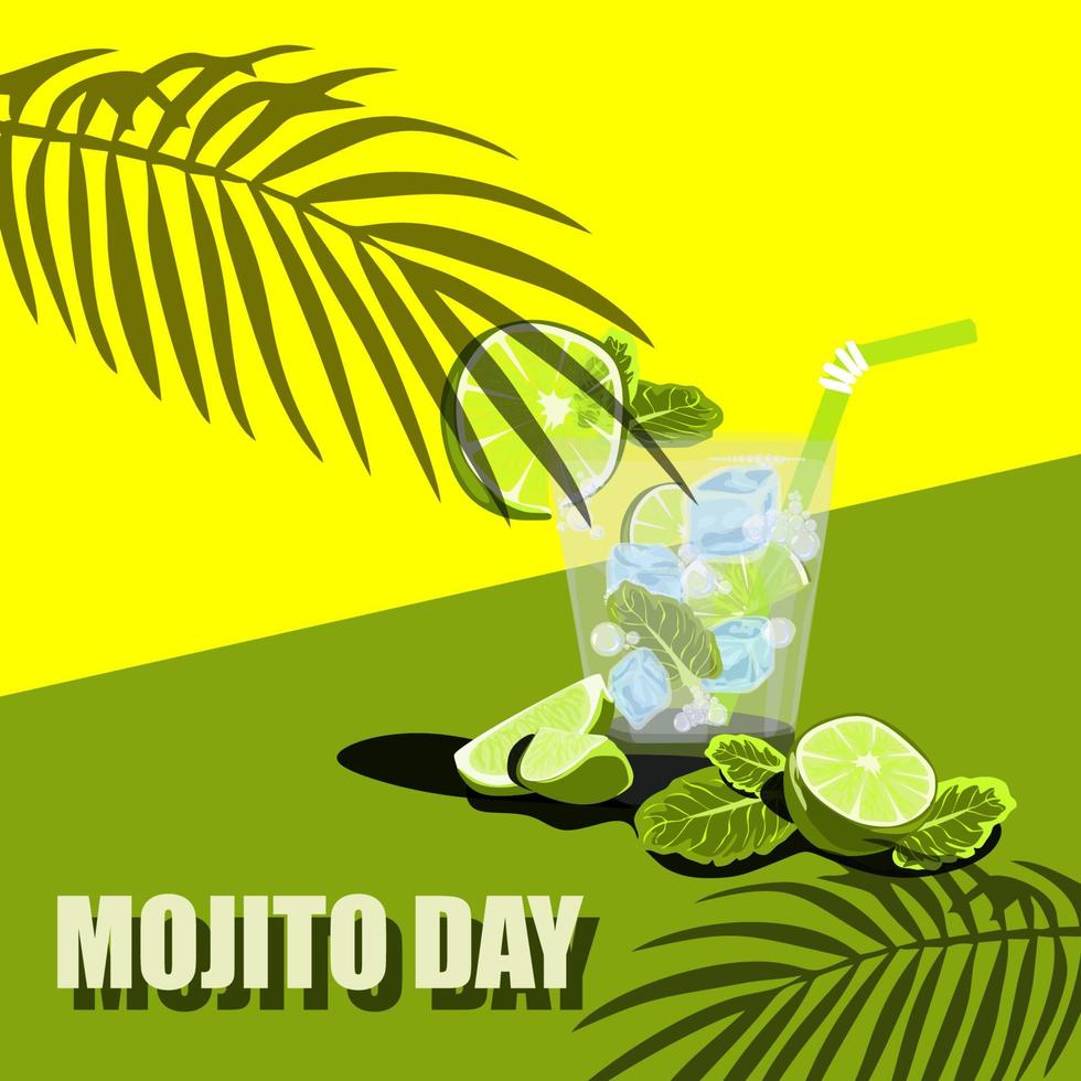 National Mojito Day July11 Poster. Glass of mojito with lime, mint, ice vector design.