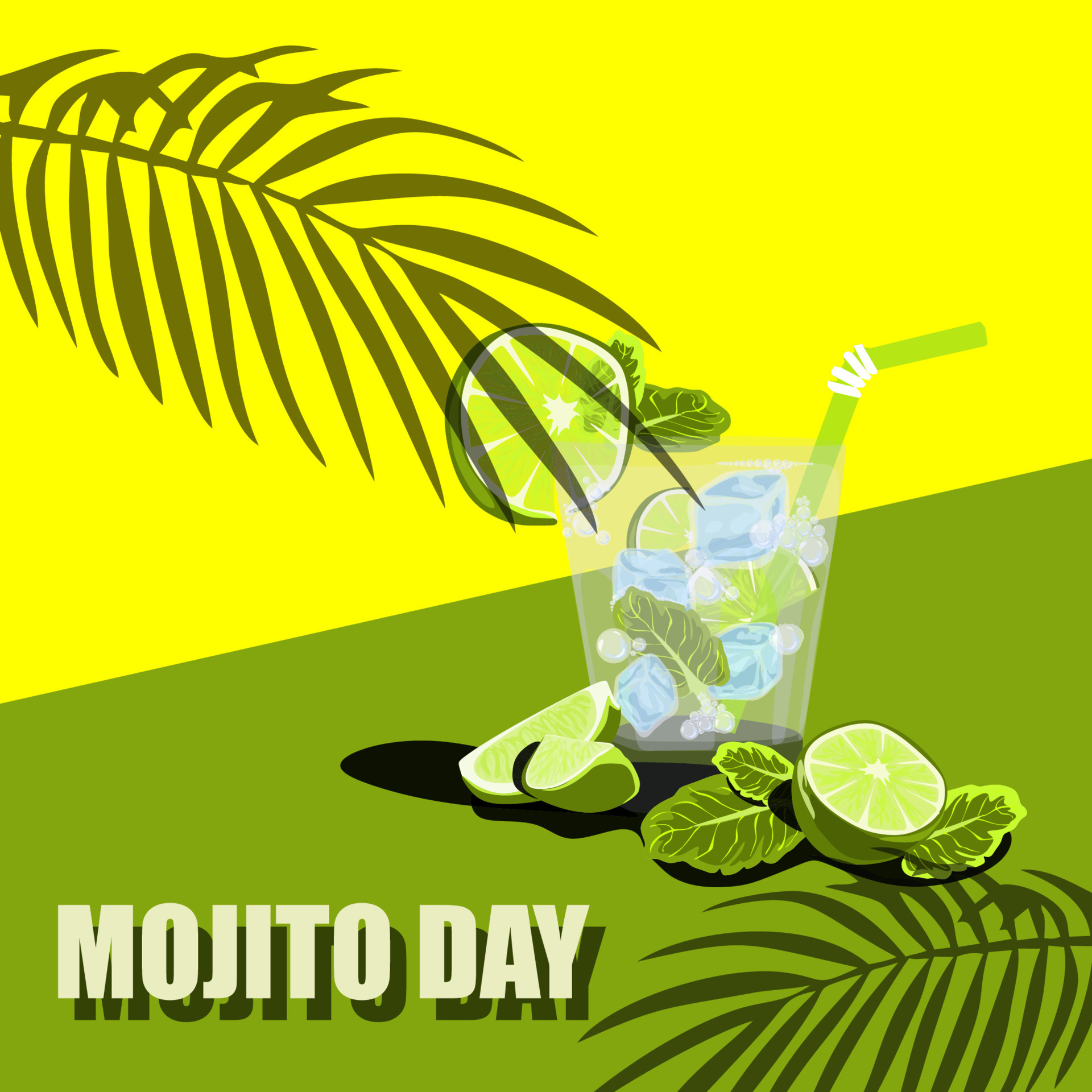 National Mojito Day July11 Poster. Glass of mojito with lime, mint, ice